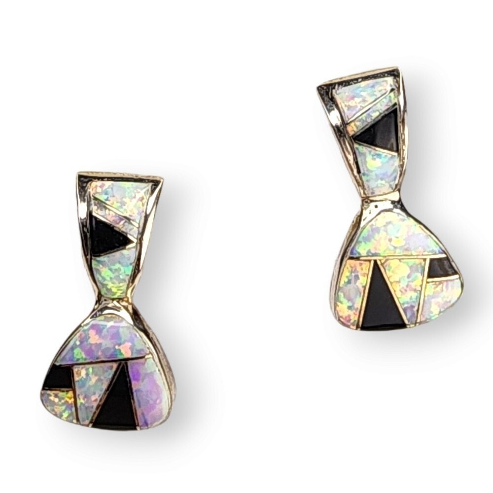 Southwestern Channel Inlay Faux Opal and Black Onyx Post Earrings Signed AL - Picture 2 of 7